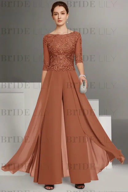 Bateau Neck Floor Length Chiffon Jumpsuit Half Sleeves Mother of the Bride Outfit with Appliques