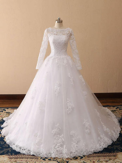 Bateau Neck Princess Wedding Dresses Long Sleeve Lace Tulle Bridal Gowns