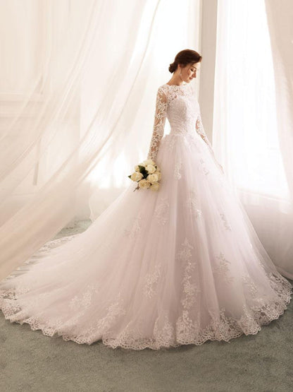 Bateau Neck Princess Wedding Dresses Long Sleeve Lace Tulle Bridal Gowns
