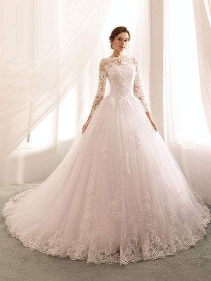Bateau Neck Princess Wedding Dresses Long Sleeve Lace Tulle Bridal Gowns