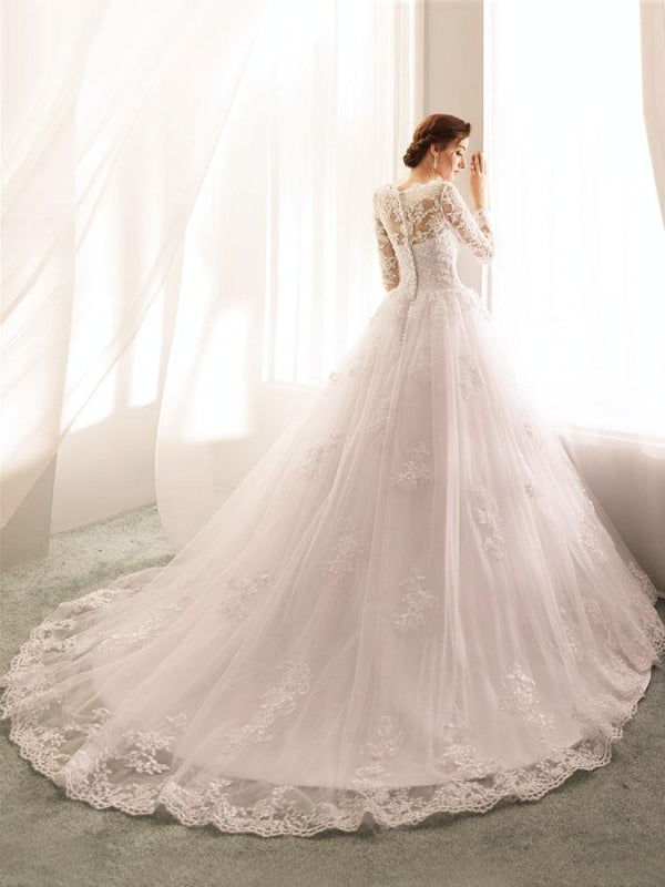 Bateau Neck Princess Wedding Dresses Long Sleeve Lace Tulle Bridal Gowns