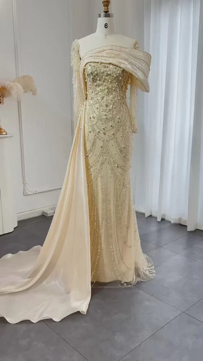 Vintage Shiny Beaded Long-sleeve Mermaid Long Prom Dress Evening Dress HZ1024