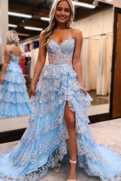 Blue Strapless A-Line V-Neck Sequins Appliques Tiered Prom Dress with Slit