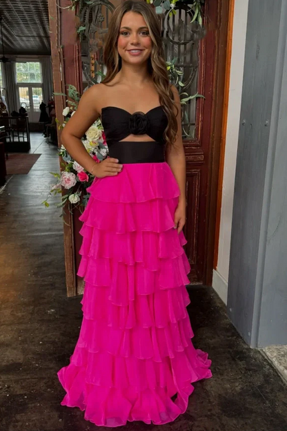 A-Line Strapless V-Neck Layered Chiffon Sleeveless Formal Prom Dress