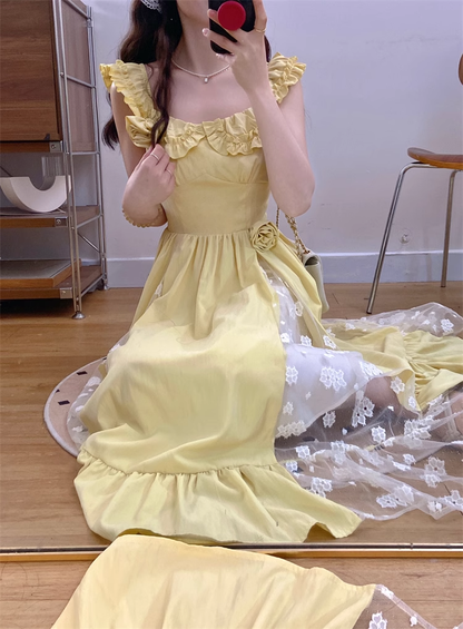 New Simple Fashion Yellow Floral Design A-Line Long Dress HZ1024