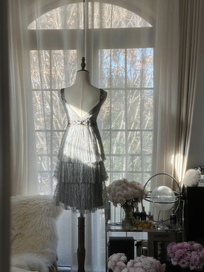 Retro Silvery V-neck Gorgeous Sparkling Chiffon Tiered Evening Dress Prom Dress HZ1024