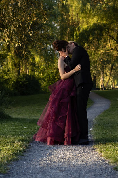 Vintage Burgundy Spaghetti Strap A-Line Multi-Layer Sequin Tulle Long Prom Dress Evening Dress cc5646