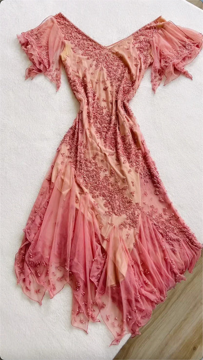Vintage Pink Chiffon Sequin Prom Dress Sheath Off-the-shoulder Evening Dress Long Formal Dress HZ1024