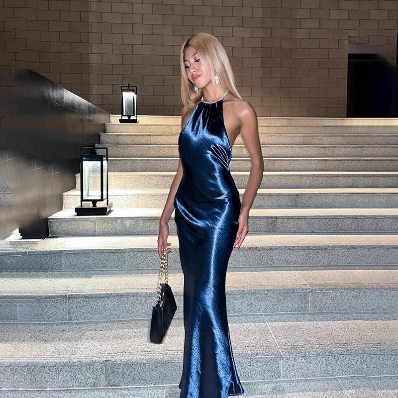 Elegant Shiny Satin Prom Dress Halter-neck Evening Gown Sheath Party Dress Long Formal Dress HZ1024