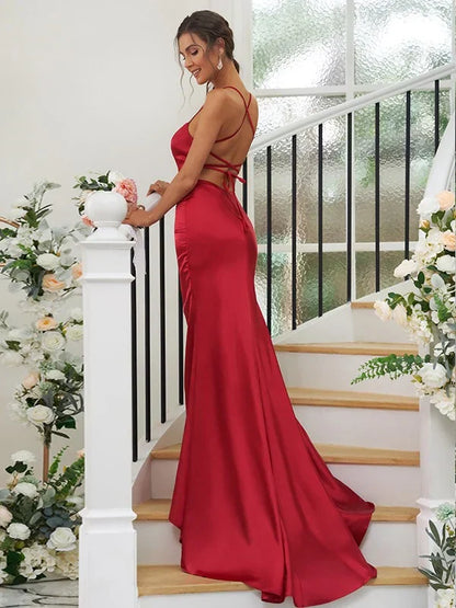 Elastic Woven Satin Ruched Square Sleeveless Bridesmaid Dresses