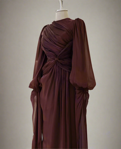 Modest Long Sleeves Sheath Chiffon Elegant Long Formal Party Dress, HZ0319