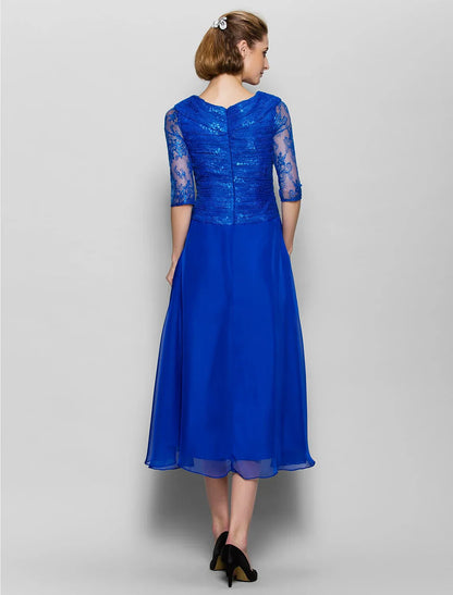 DingjiA-Line Mother of the Bride Dress Plus Size Elegant V Neck Tea Length Chiffon Lace Half Sleeve No with Lace Criss Cross Ruched