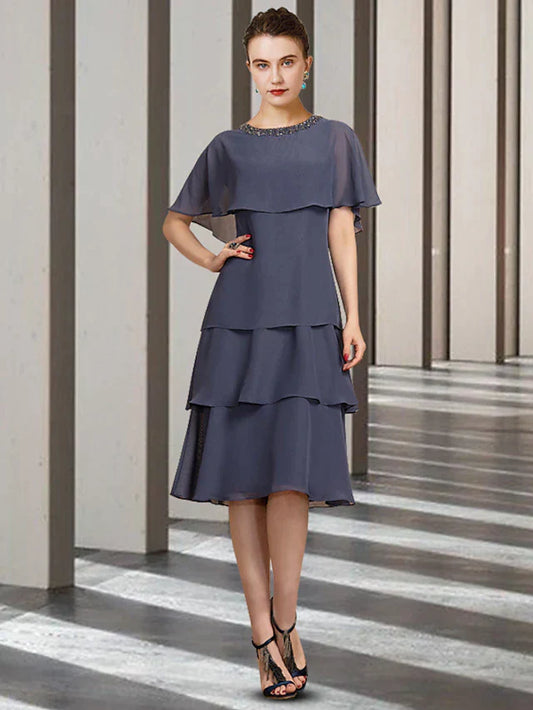 Sheath / Column Mother of the Bride Dress Elegant Jewel Neck Knee Length Chiffon Short Sleeve with Beading Ruffles