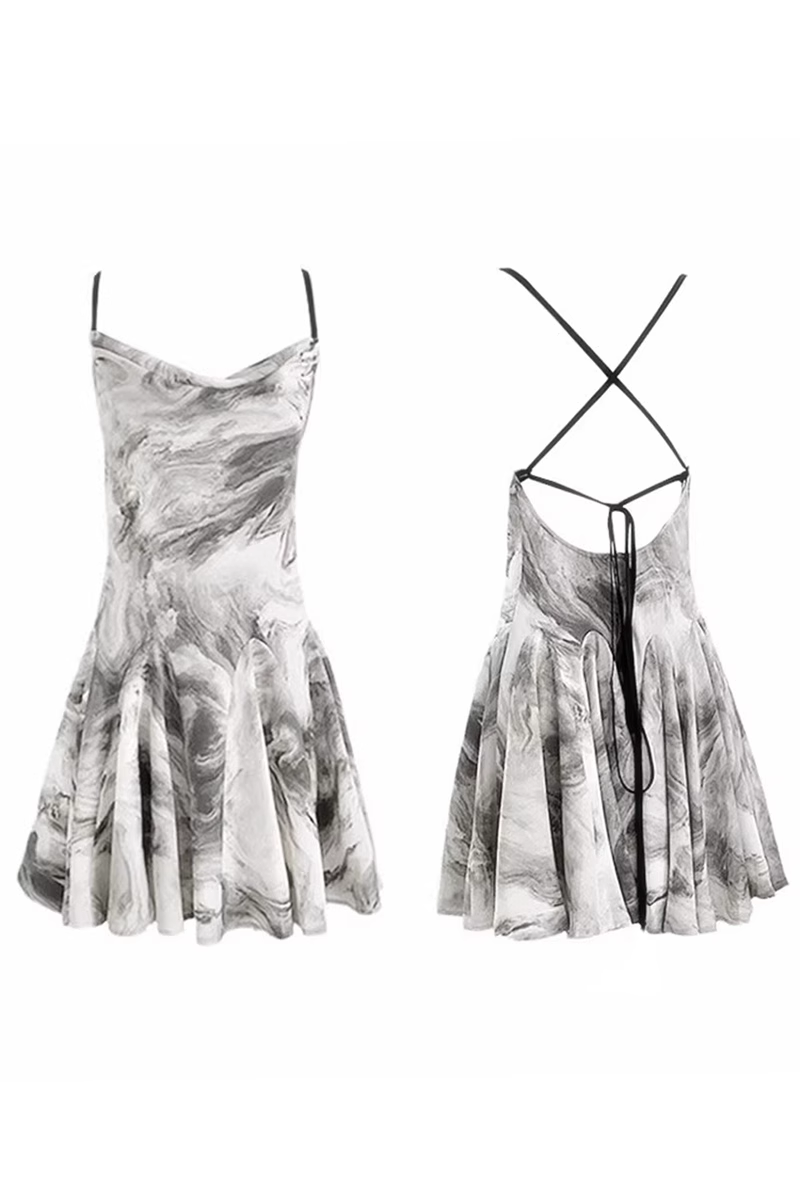 Simple Floral Ink-wash Pattern Design A-line Sleeveless Spaghetti Strap Dress HZ1024