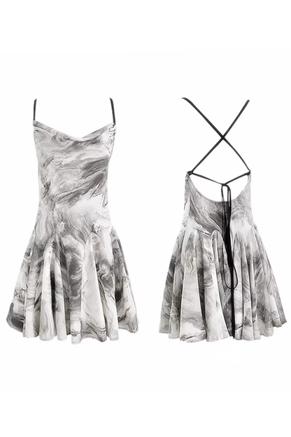 Simple Floral Ink-wash Pattern Design A-line Sleeveless Spaghetti Strap Dress HZ1024