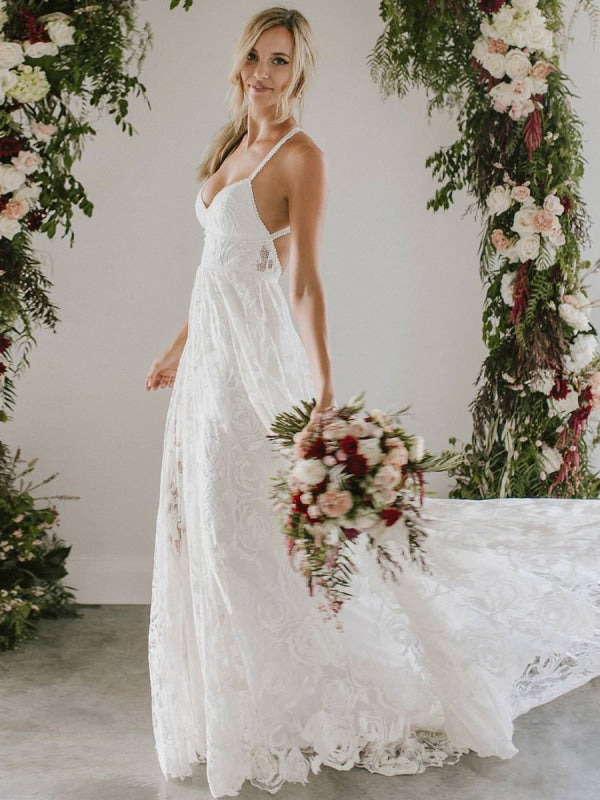 V-Neck Beach Wedding Dress White Sleeveless Backless Lace Split Long Bridal Gowns