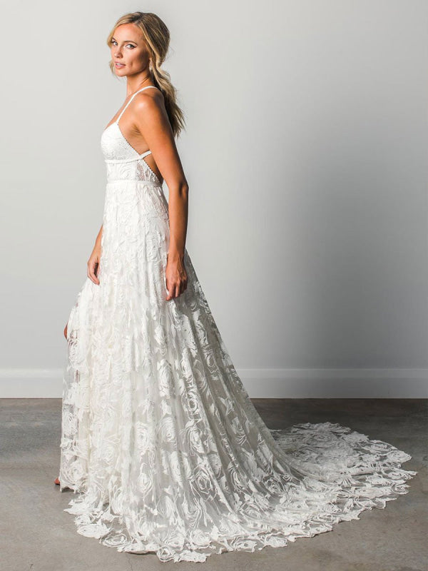 V-Neck Beach Wedding Dress White Sleeveless Backless Lace Split Long Bridal Gowns