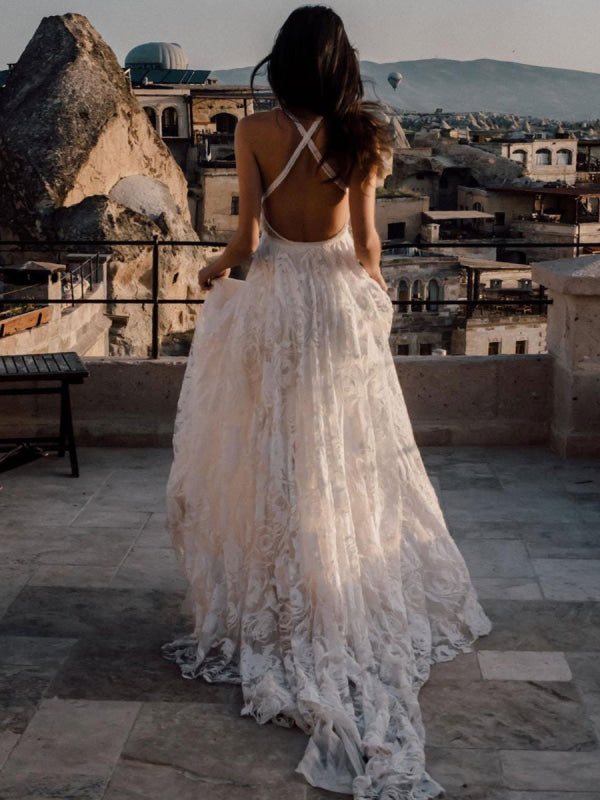 V-Neck Beach Wedding Dress White Sleeveless Backless Lace Split Long Bridal Gowns