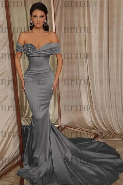 Beaded Off-the-Shoulder Mermaid Evening Gown with Ruffle