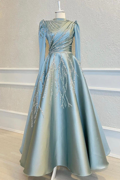Beaded Prom Dress with Long Sleeves A-Line Pleated Evening Dress with Appliques