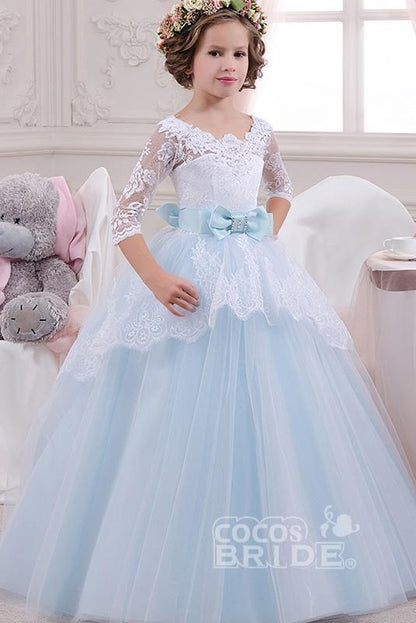 Beautiful 3/4 Sleeves Ball Gown for Flower Girls with Lace Scoop Neck