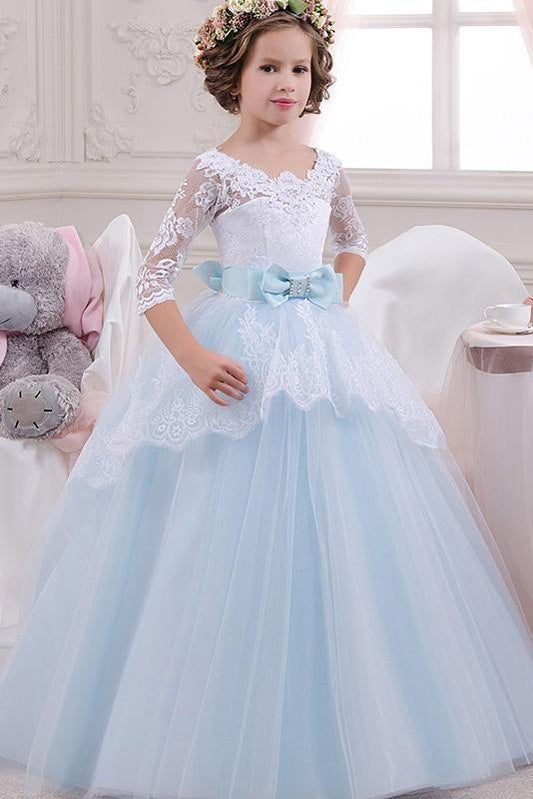Beautiful 3/4 Sleeves Ball Gown for Flower Girls with Lace Scoop Neck
