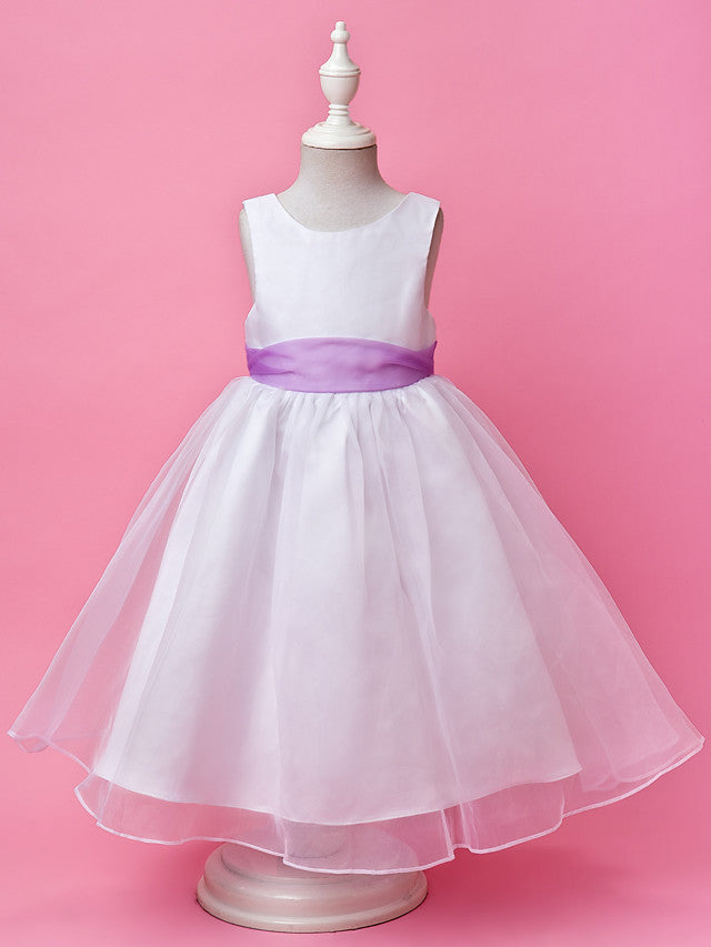 Beautiful A-Line Satin Sleeveless Jewel Flower Girl Dress with Buttons