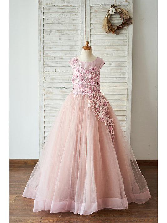 Beautiful Floor Length Jewel Ball Gown Flower Girl Dresses with Lace Tulle & Pearls