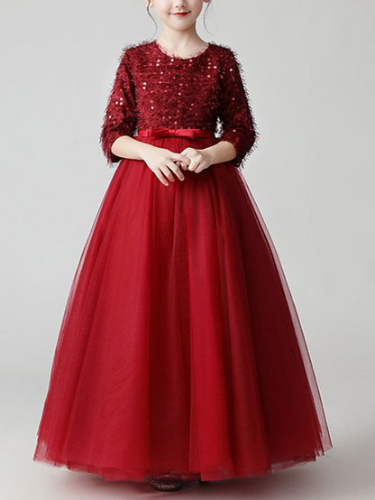Beautiful Jewel A-Line Flower Girl Dress with 3/4 Length Sleeves and Tulle Feathers & Sequins