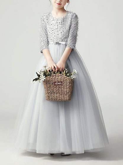Beautiful Jewel A-Line Flower Girl Dress with 3/4 Length Sleeves and Tulle Feathers & Sequins