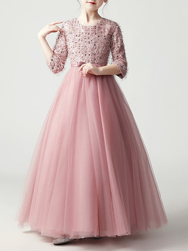 Beautiful Jewel A-Line Flower Girl Dress with 3/4 Length Sleeves and Tulle Feathers & Sequins