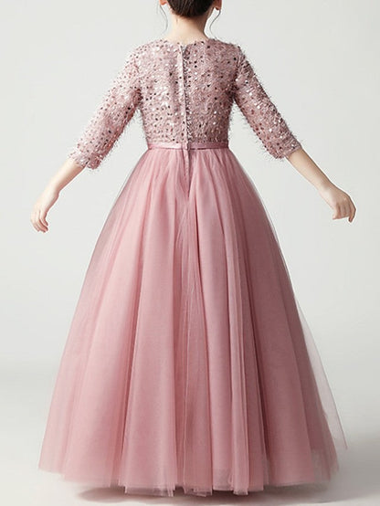 Beautiful Jewel A-Line Flower Girl Dress with 3/4 Length Sleeves and Tulle Feathers & Sequins
