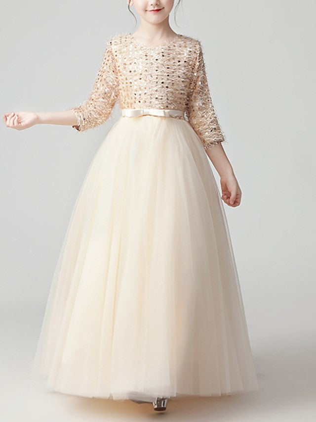 Beautiful Jewel A-Line Flower Girl Dress with 3/4 Length Sleeves and Tulle Feathers & Sequins