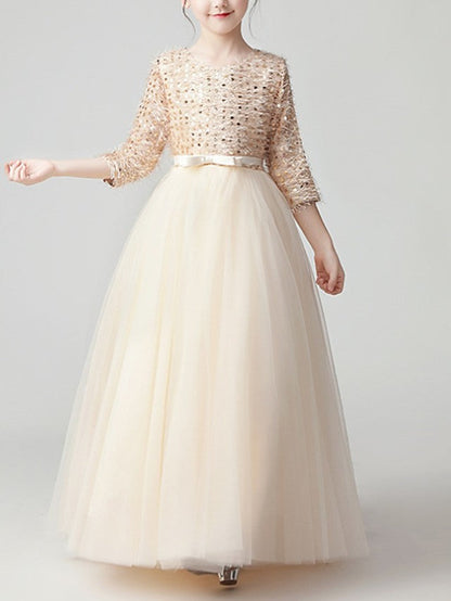 Beautiful Jewel A-Line Flower Girl Dress with 3/4 Length Sleeves and Tulle Feathers & Sequins