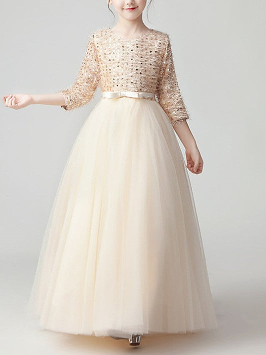 Beautiful Jewel A-Line Flower Girl Dress with 3/4 Length Sleeves and Tulle Feathers & Sequins