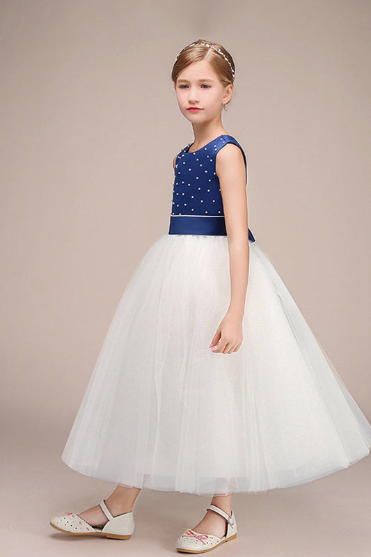 Beautiful Jewel Sleeveless Tulle Flower Girl Dress with Beads Bowknot