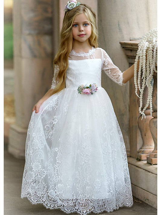 Beautiful Lace Tulle A-Line Floor Length Flower Girl Dress with Long Sleeve and Tier