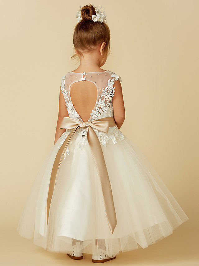 Beautiful Lace Tulle Ball Gown Dress with Beading and Buttons for Flower Girls