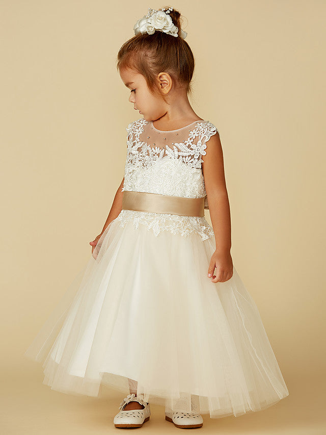 Beautiful Lace Tulle Ball Gown Dress with Beading and Buttons for Flower Girls
