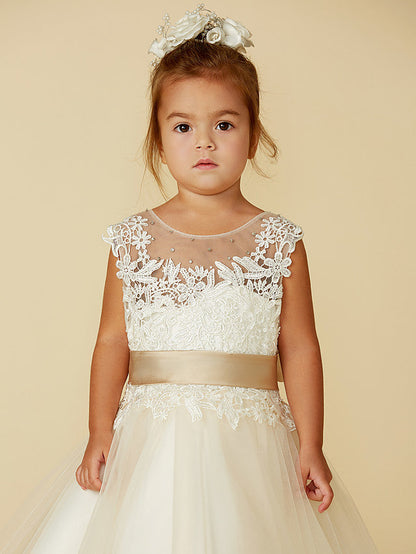 Beautiful Lace Tulle Ball Gown Dress with Beading and Buttons for Flower Girls