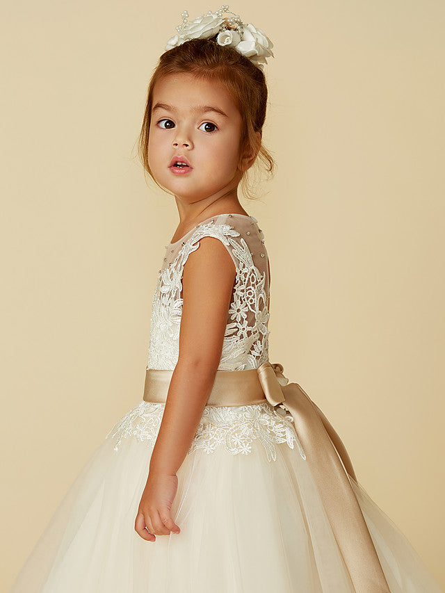 Beautiful Lace Tulle Ball Gown Dress with Beading and Buttons for Flower Girls