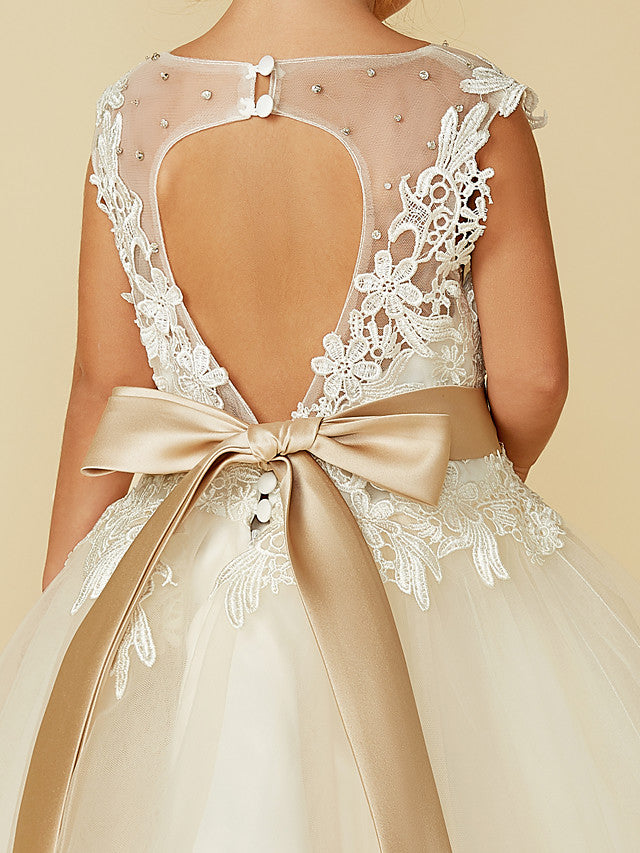 Beautiful Lace Tulle Ball Gown Dress with Beading and Buttons for Flower Girls