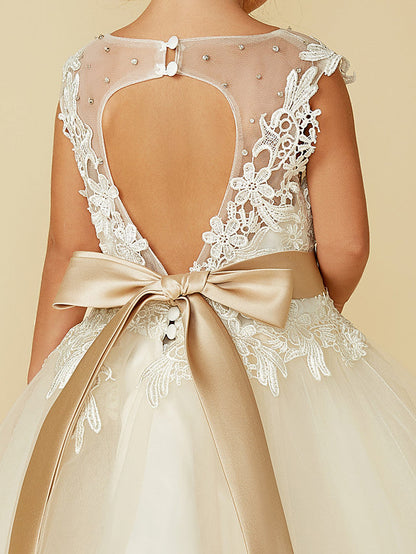 Beautiful Lace Tulle Ball Gown Dress with Beading and Buttons for Flower Girls