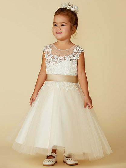 Beautiful Lace Tulle Ball Gown Dress with Beading and Buttons for Flower Girls