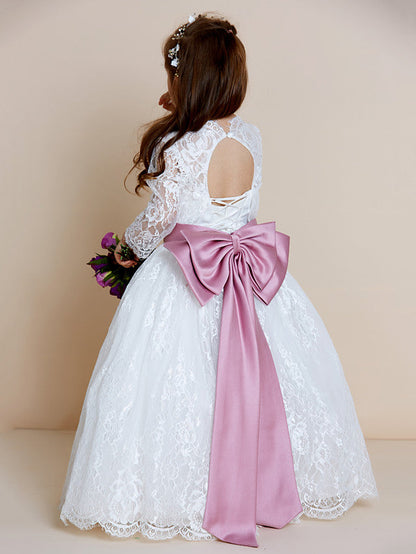 Beautiful Lace Tulle Ball Gown Flower Girl Dress with Long Sleeve V Neck and Sash Ribbon Bow