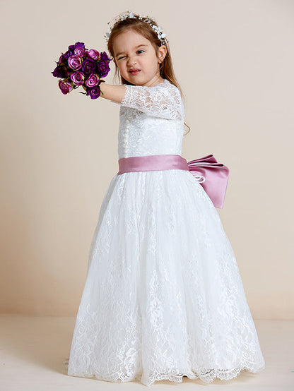 Beautiful Lace Tulle Ball Gown Flower Girl Dress with Long Sleeve V Neck and Sash Ribbon Bow