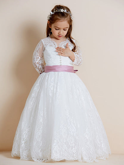 Beautiful Lace Tulle Ball Gown Flower Girl Dress with Long Sleeve V Neck and Sash Ribbon Bow