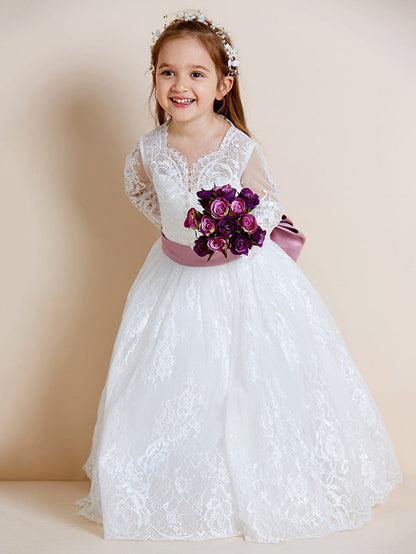 Beautiful Lace Tulle Ball Gown Flower Girl Dress with Long Sleeve V Neck and Sash Ribbon Bow