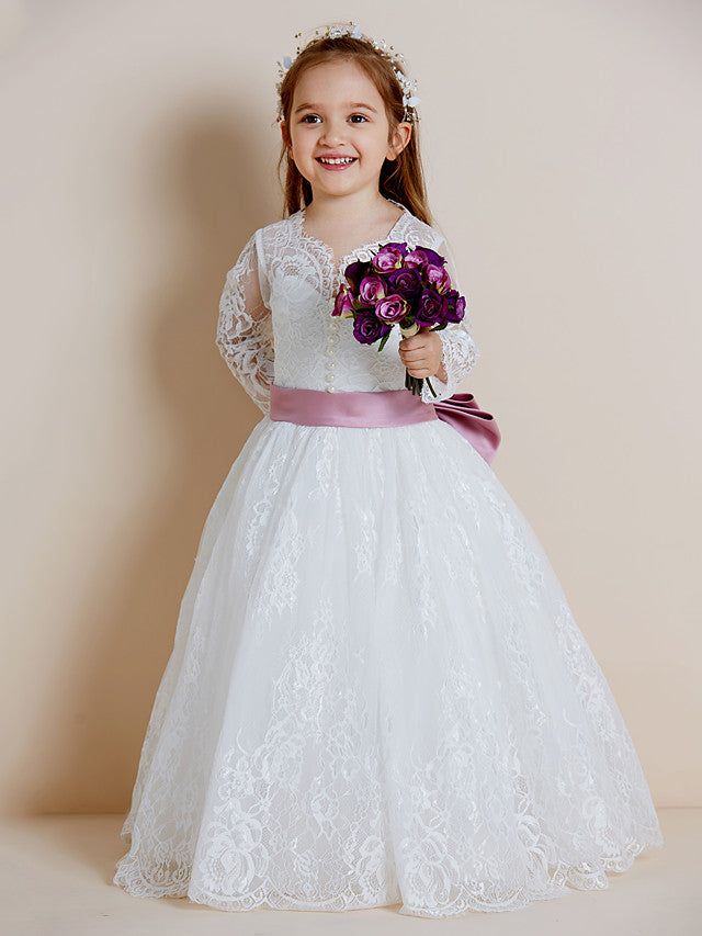 Beautiful Lace Tulle Ball Gown Flower Girl Dress with Long Sleeve V Neck and Sash Ribbon Bow