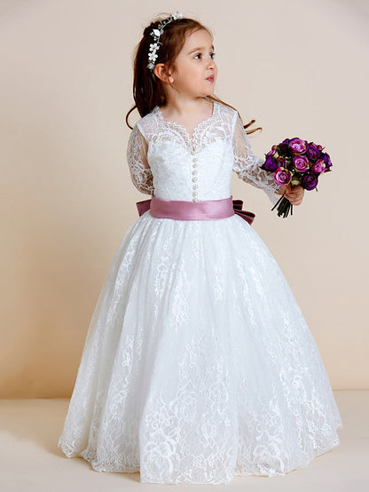 Beautiful Lace Tulle Ball Gown Flower Girl Dress with Long Sleeve V Neck and Sash Ribbon Bow